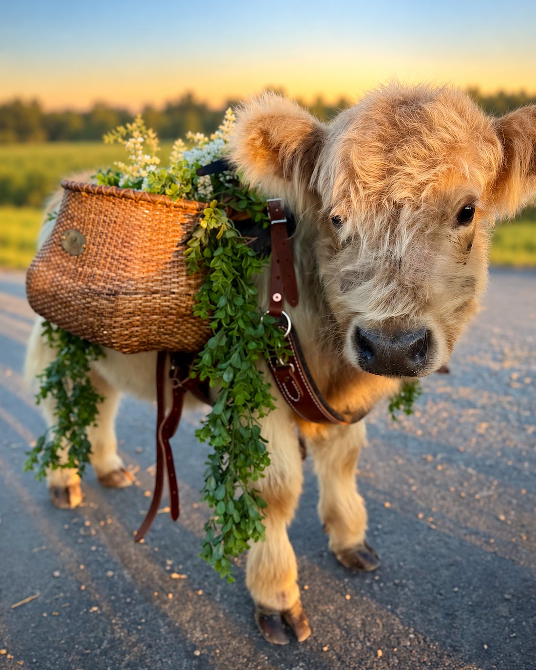 Stoney, a halter-trained cream micro cow at golden hour, wearing a woven drink basket draped in greenery.